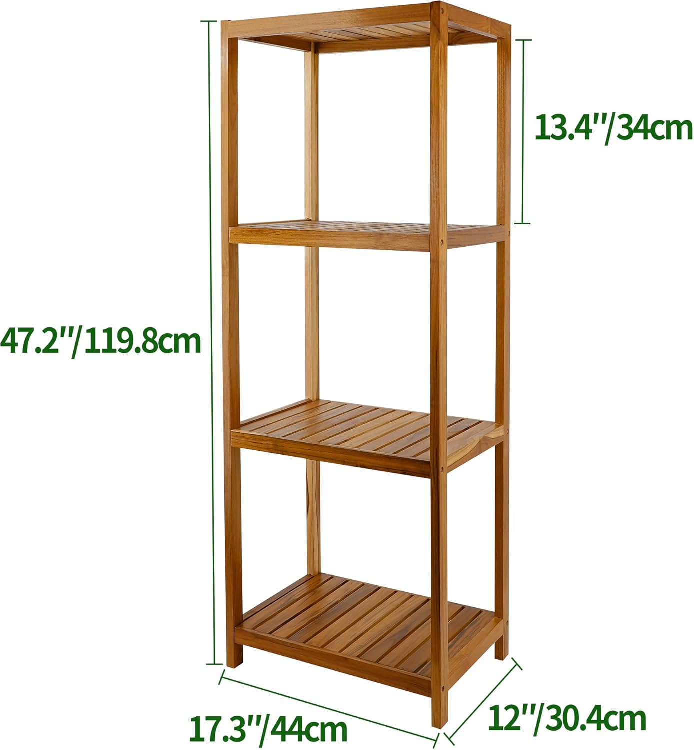 VaeFae Teak Bathroom Shelf, 4-Tier Storage Shelf, Wooden Stand Shelf Organizer for Bathroom, Kitchen, Living Room, Laundry, Garage