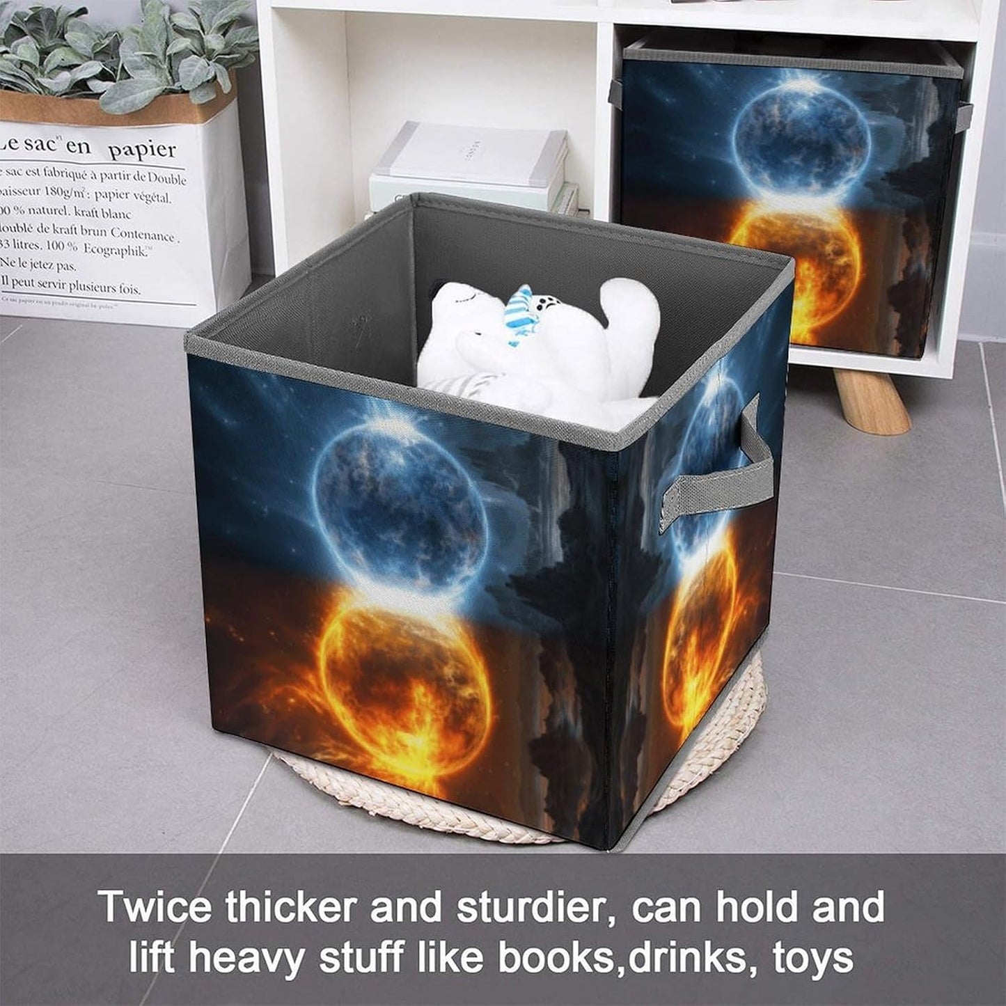 Fire And Water Planets Storage Bins with Handles Fashion Large Storage Cubes Sturdy Foldable Storage Boxes Space-Saving Storage Baskets for Home Office Clothes Closet Organizers