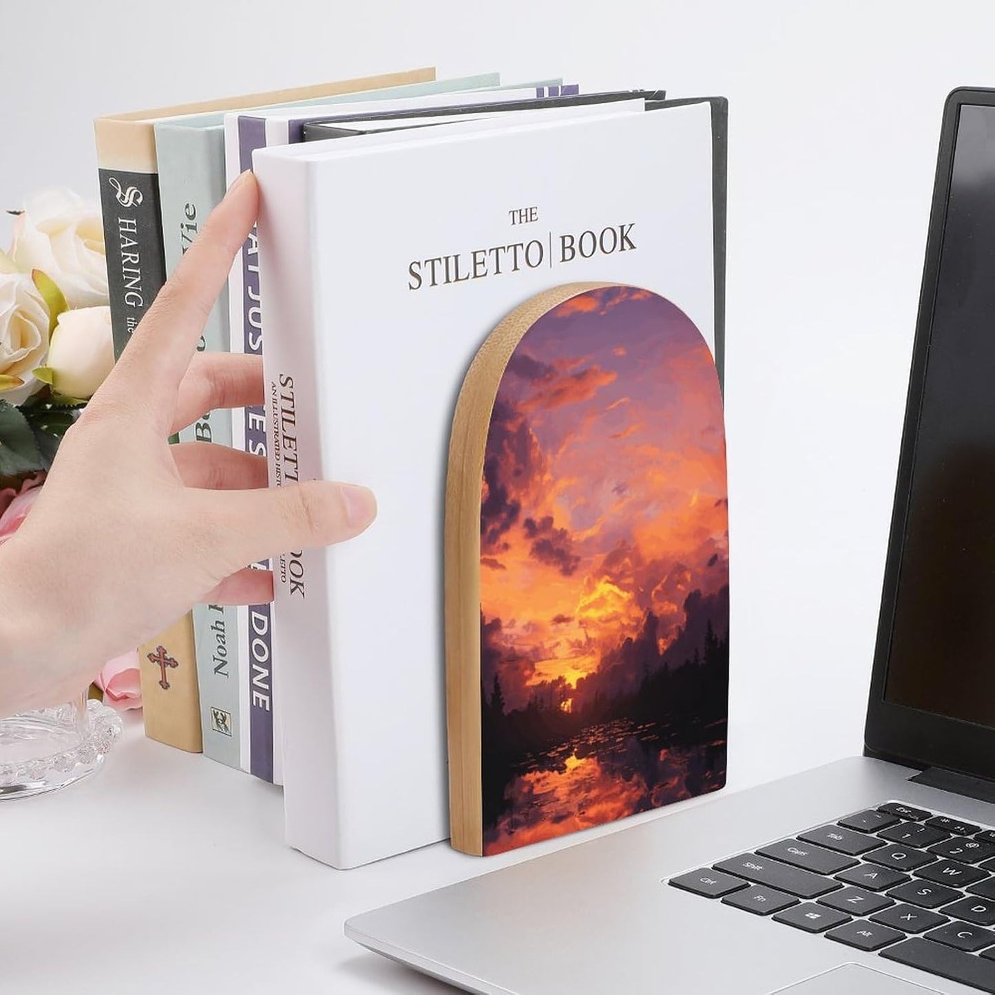 Sunset at Dusk Bookend for Shelves Wooden Book End Large Size Sturdy Book Holders Stoppers with Metal Base for Bookshelves Slick Decorative Bookends Stands