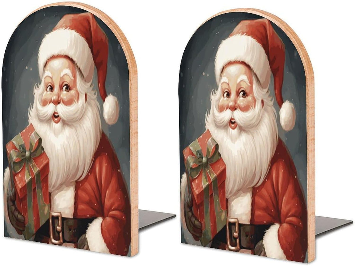 Santa Claus with Box Wooden Bookend Non-Slip Book Ends Heavy Duty Book Stopper with Metal Base Books Holderd Decorative Bookends Stands Firmly for Office Supplies