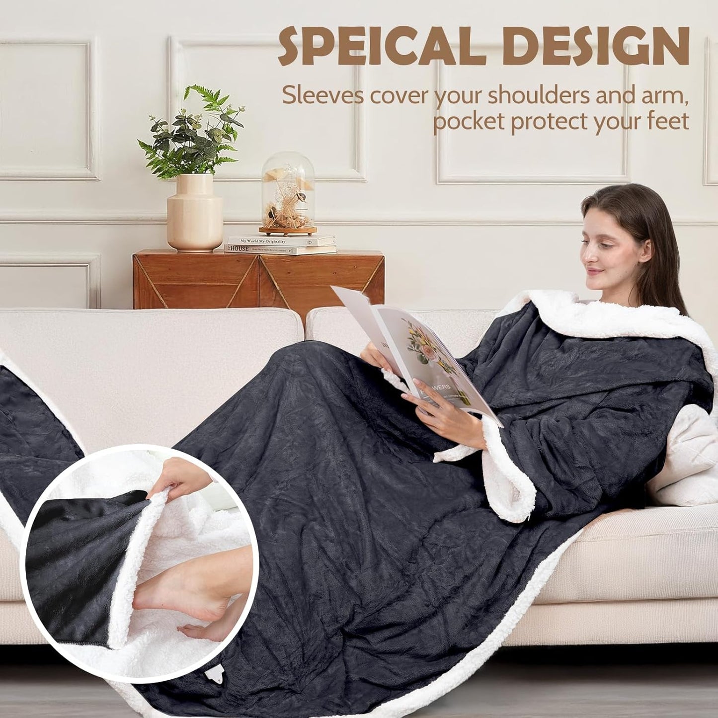 HOW'S MY HOUSE Wearable Heated Blanket with Sleeves and Foot Pocket, 52"x72" Electric Blanket for 6 Heat Settings, 12-Hour Timer, Flannel & Sherpa, Charcoal