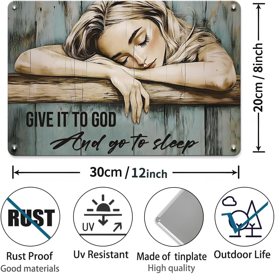 Seeyoo Metal Tin Sign Wall Art - 'Give It to God and Go to Sleep' - Vintage Rustic Metal Sign 7.8 x 11.8 Inch, Christian Home Decor for Bedroom, Living Room, or Gift for Faith Lovers