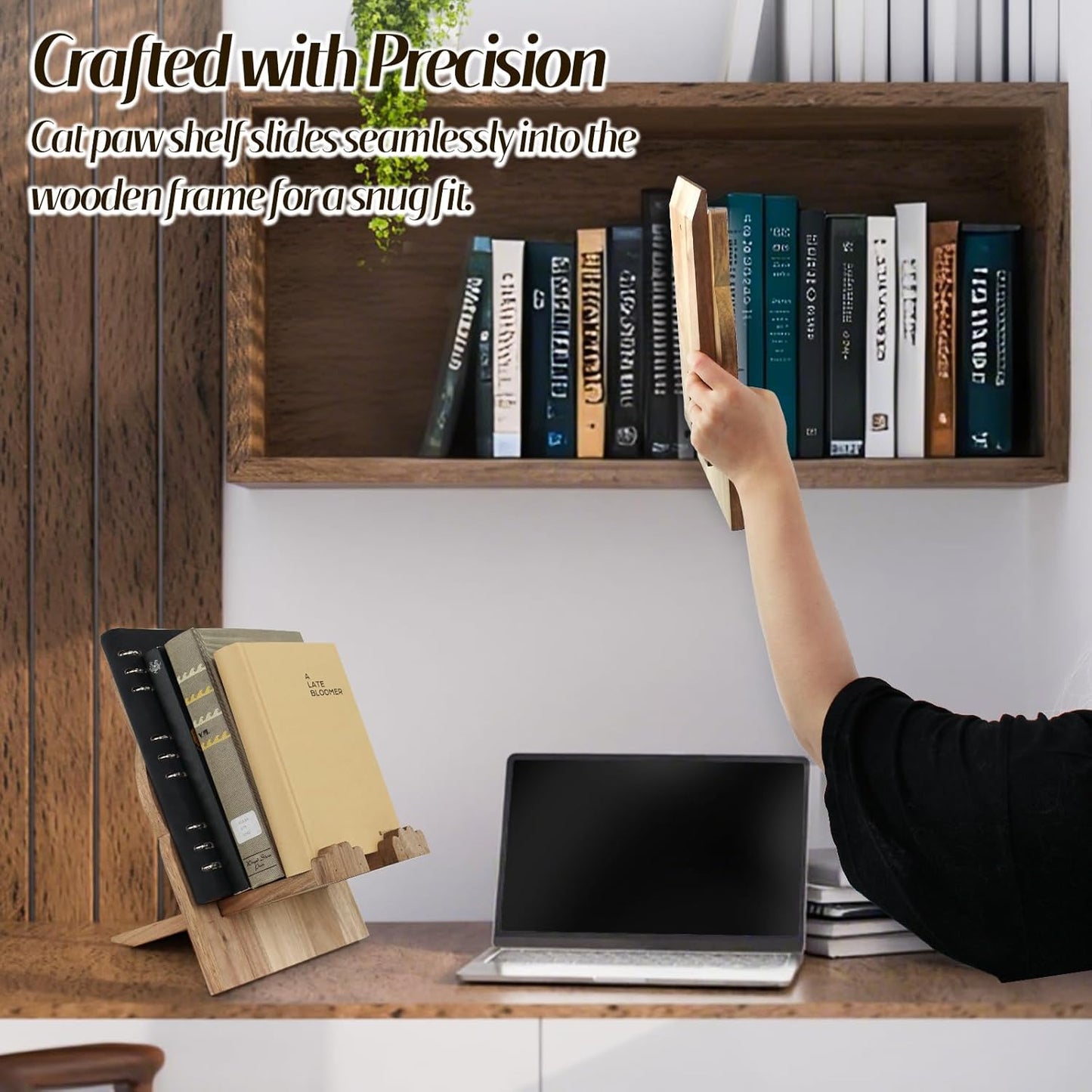 Cat Shaped Wooden Cookbook Stand - Adjustable, Hands-Free Recipe Holder for Kitchen with iPad & Music Rest