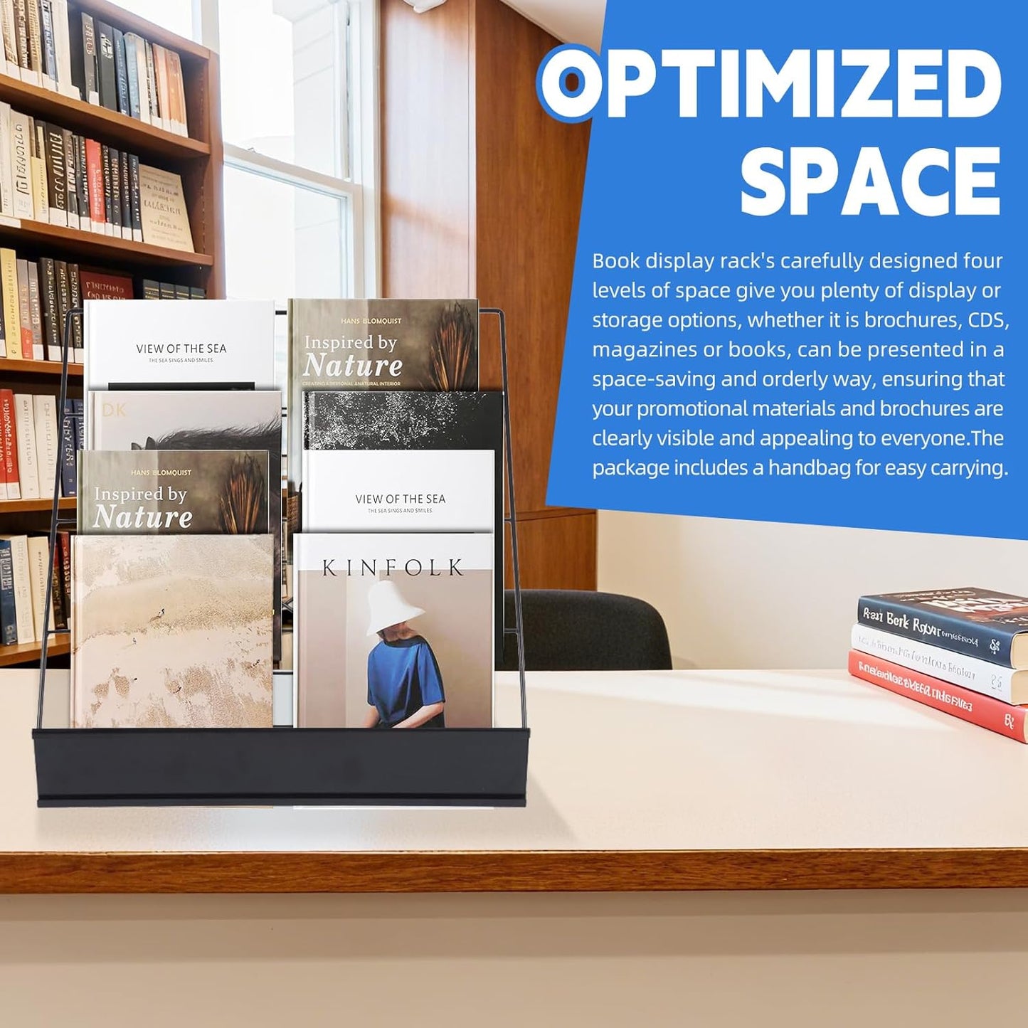 Book Display Rack with Storage Bag, Book Signing Rack, 4 Tiered Tabletop Magazine Display Rack for Library Classroom Picture Literature Brochure 16.14" x 17.95" x 17.24"