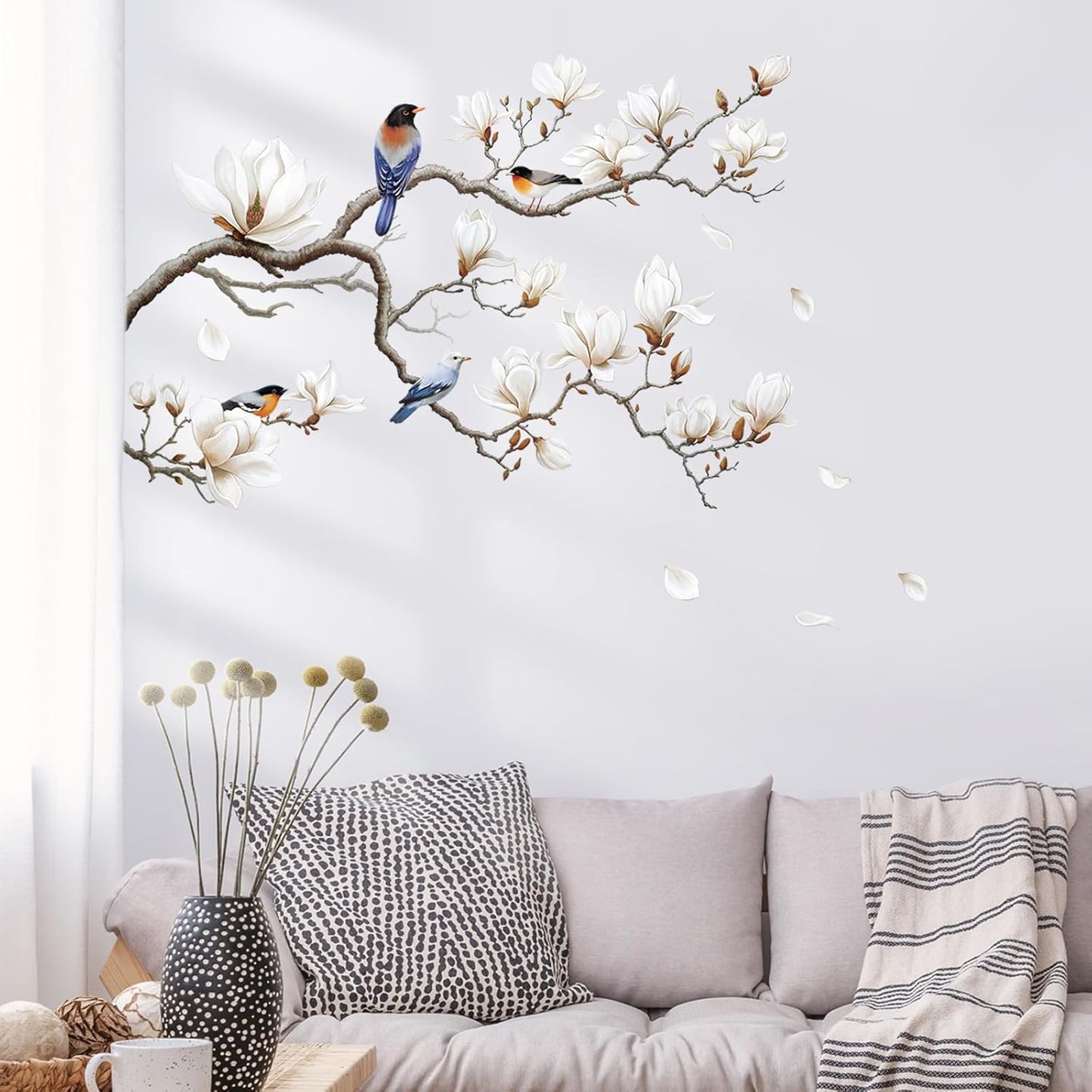SHUCHING White Magnolia Tree Wall Decals Peel and Stick, Trees Flowers Wall Decor Stickers, White Branches Corner Wall Art(Left)