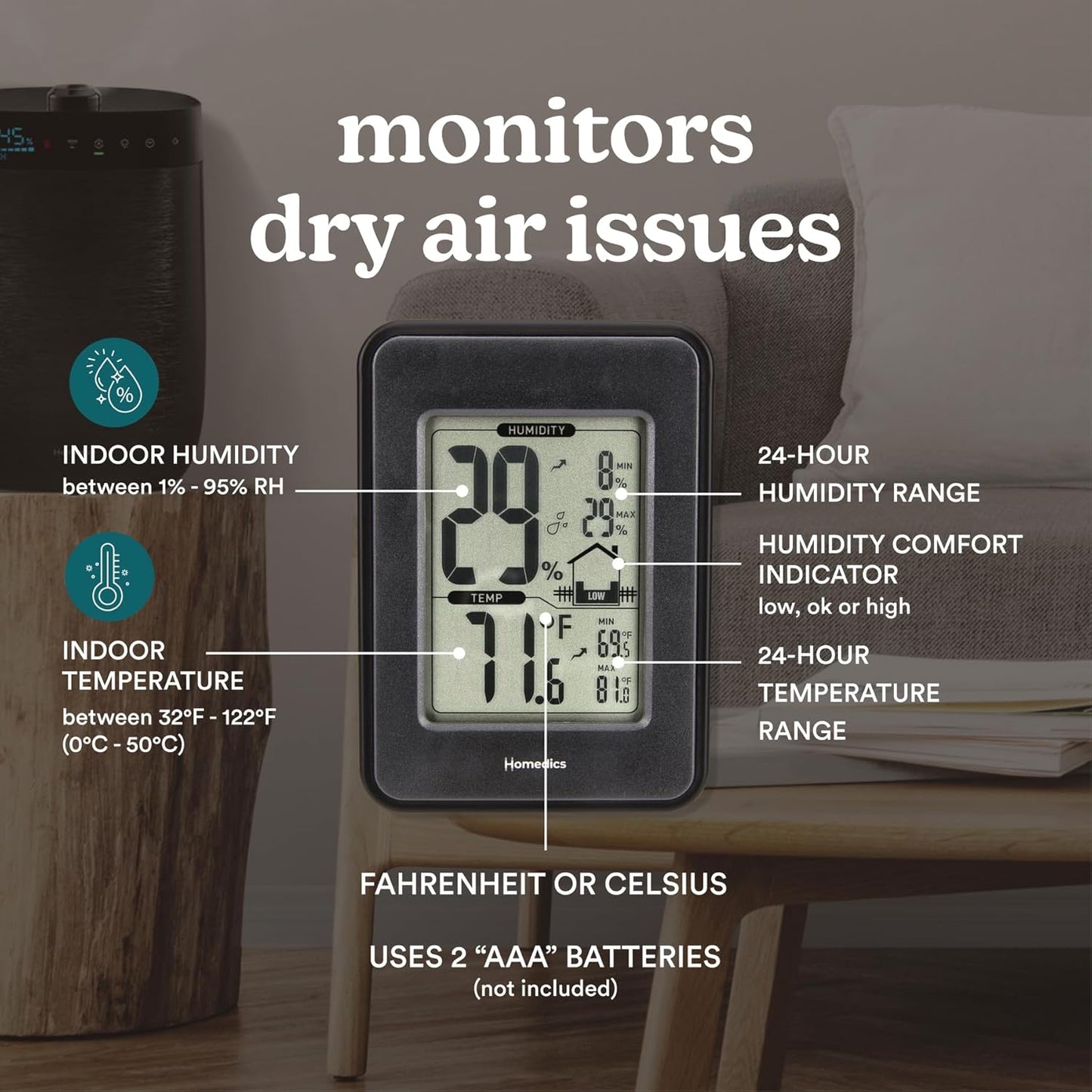 Homedics HM100 Indoor Humidity Monitor, Easy-Read Hygrometer to Monitor Indoor Air Comfort, Fahrenheit and Celsius, Battery-Operated Room Thermometer for Home