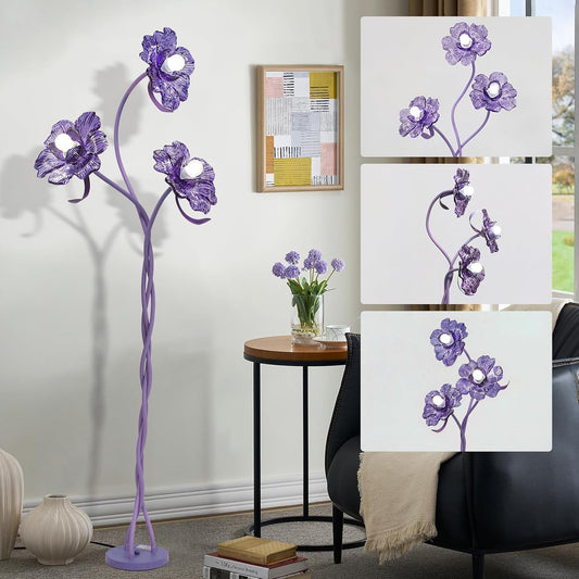 Vintage Flower Floor Lamp for Girls' Bedroom, Cute 3 Heads Floor Reading Light with Flexible Gooseneck, 3 Colors Crabapple Flower Modern Corner Standing Lamp for Living Room Office Home Decor (Purple)