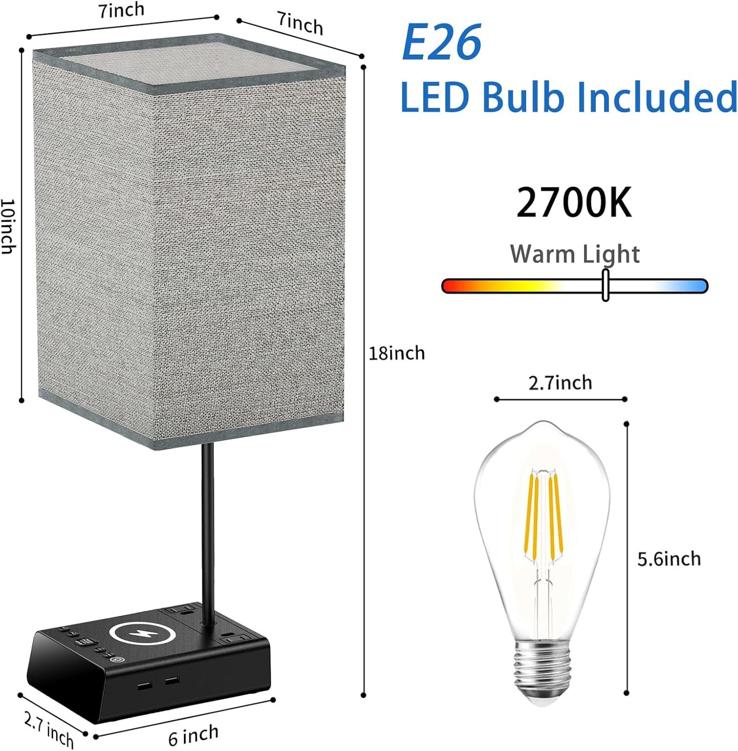 Bedside Lamp with USB Ports & AC Outlets, 15W Wireless Charger Table Lamp with Clock, 3 Way Dimmable Nightstand Lamps for Bedroom Living Room,Touch Lamp with Charging Station,Grey Shade & Black Base
