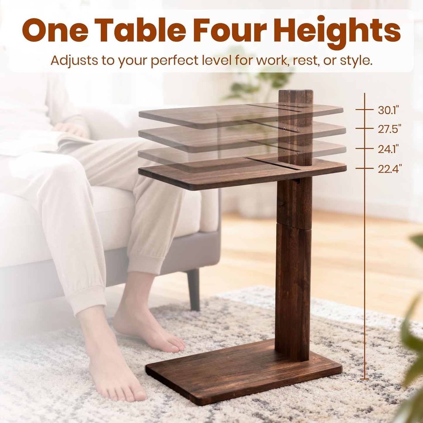 C Table, Premium Solid Acacia Wood, Adjustble Hight and Tablet Holder, Side Tabel for Sofa and Bad