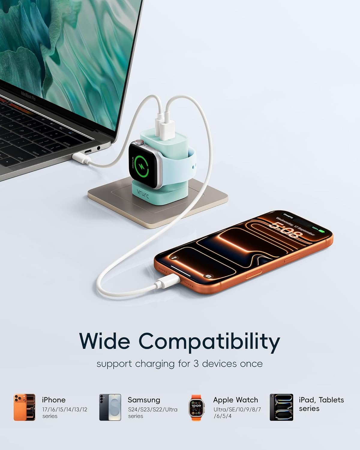 VRURC for Apple Watch Charger, Wireless Magnetic Portable iWatch Charger, PD 20W 3-in-1 Travel Essentials Fast Charging Block for iWatch Ultra/SE/11/10/9/8/7/6/5,iPhone 17/16/15/14/13 etc-Green