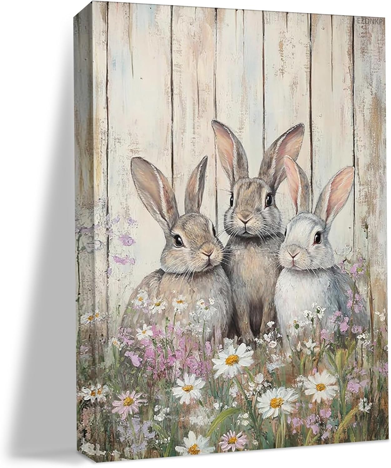 Easter Bunny Print Wall Art Three Cute Rabbits Standing in the Flower Bushes Canvas Painting Posters Room Aesthetic Decoration Spring Farmhouse Living Room Wall Decor 8x12inch Framed