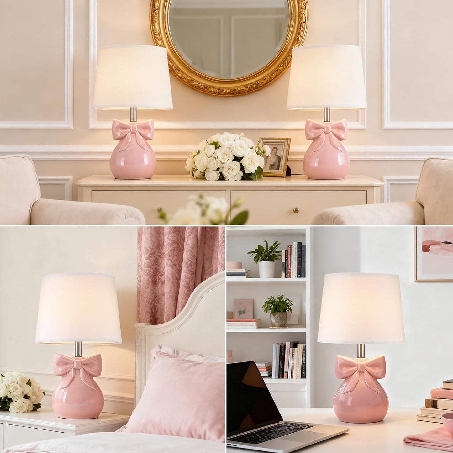 Pink Bow Table Lamp for Girl's Room, 19" Ceramic Cute Lamp for Bedroom, Classic Bedside Lamp for Nightstand, Modern Table Lamp for Living Room with Rotary Swtich (Bulb Included)