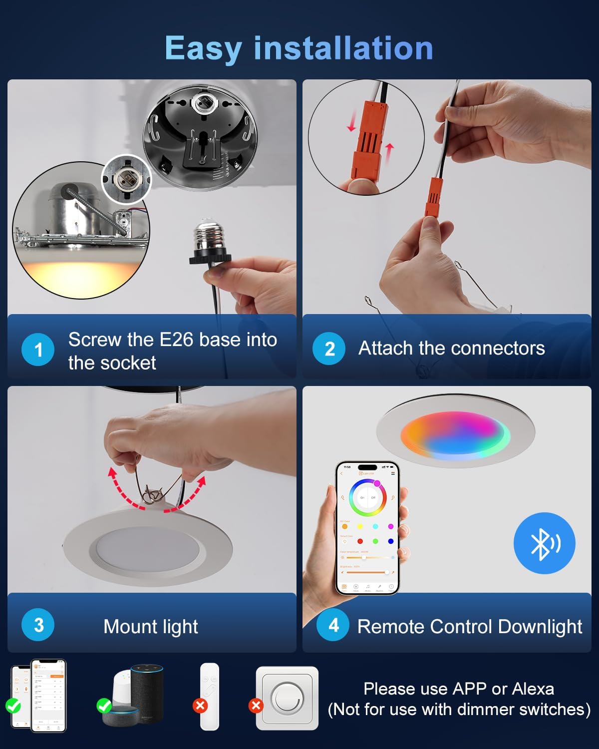 Smart Recessed Lighting 6 Inch, RGBCW Color Changing Smart Can Light Bluetooth Connect, Flicker Free, 13W 1300LM, Dimmable Retrofit Downlight Works with Alexa Voice & App Control, ETL, 6 Pack