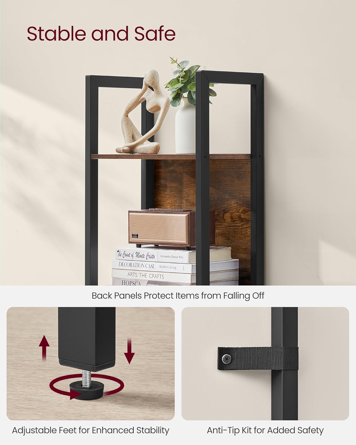 VASAGLE 5-Tier Bookshelf, Book Shelf with Drawer, Industrial Bookcase, with Steel Frame, for Living Room, Home Office, Bedroom, 9.4 x 15.7 x 65 Inches, Rustic Brown and Black ULLS146B01