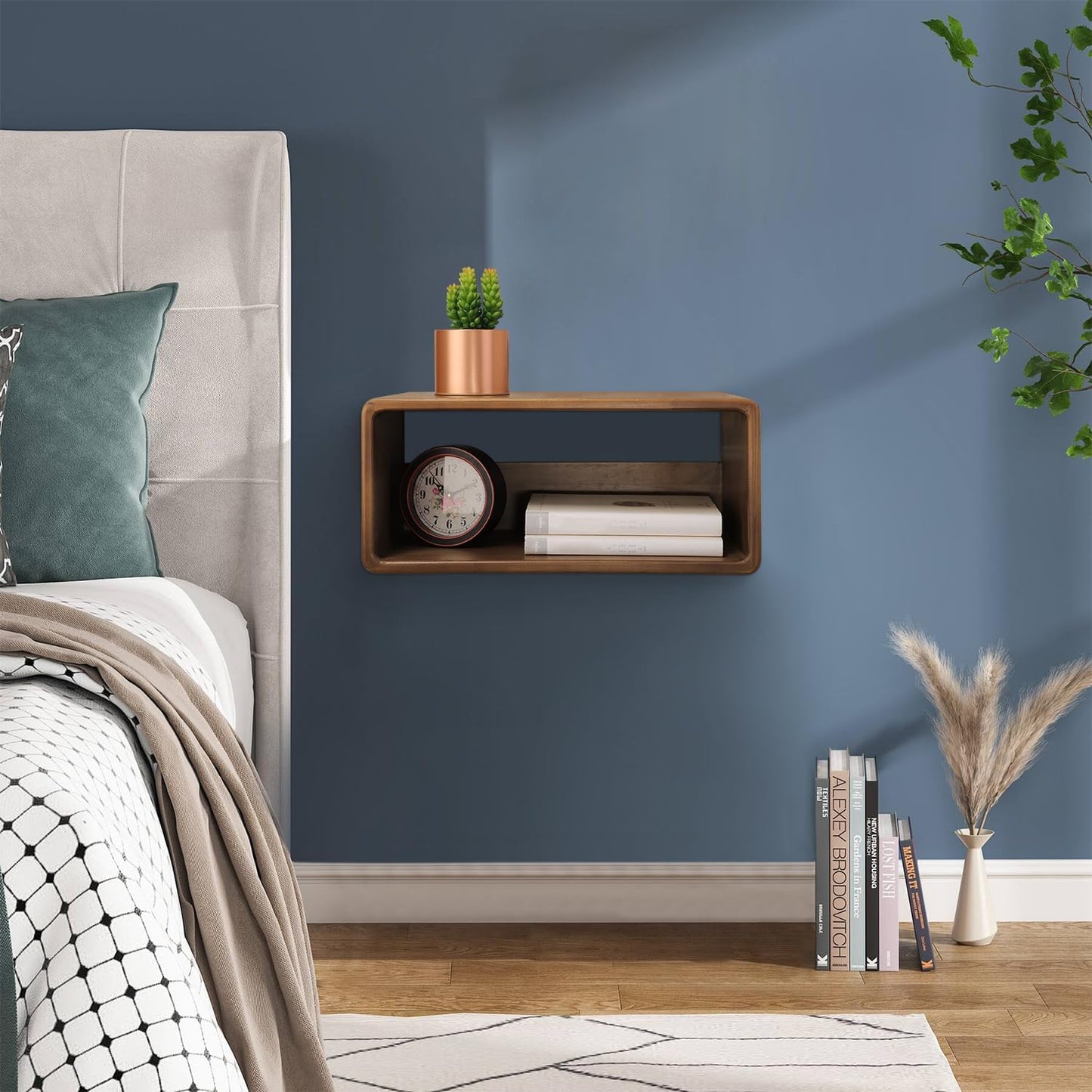 Floating Nightstand, Wall Mounted Bedside Shelf, Handmade Bedroom Furniture,Pine Wood Floating Bedside Table, Minimalist and Unique Style 18”x 10”x 7.5” Brown