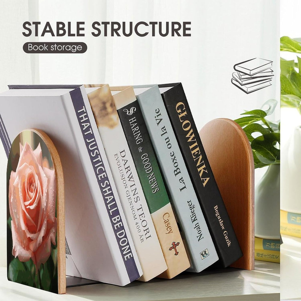 Rose Flower Pink Wooden Bookend Non-Slip Book Ends Heavy Duty Book Stopper with Metal Base Books Holderd Decorative Bookends Stands Firmly for Office Supplies