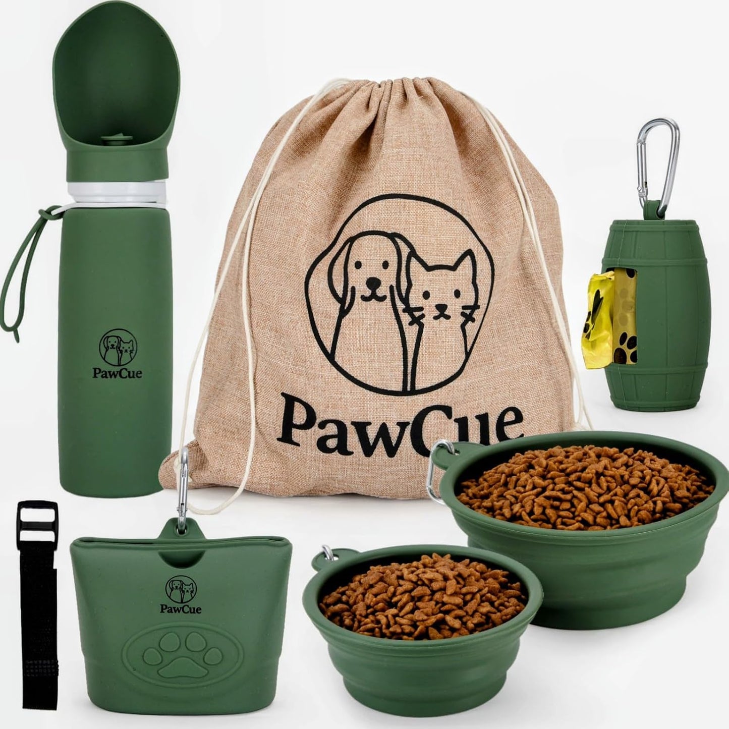 Dog Travel Kit 7-in-1 – Collapsible Bowls, Water Bottle, Treat Pouch, Waste Bag Holder, Strap & Carry Bag – Portable Pet Travel Essentials for Walks, Hiking, Road Trips & Everyday Use – PawCue
