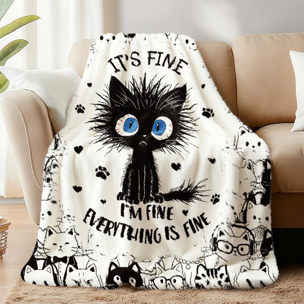 WADORN Funny Cat Throw Blanket, Cozy Soft Cute It’s Fine Kitten Throw Blanket Fuzzy 500GSM Flannel Fleece Blankets Plush Cats Lover Gift for Woman Office Living Room Sofa Bed Couch Chairs, 59x51 Inch