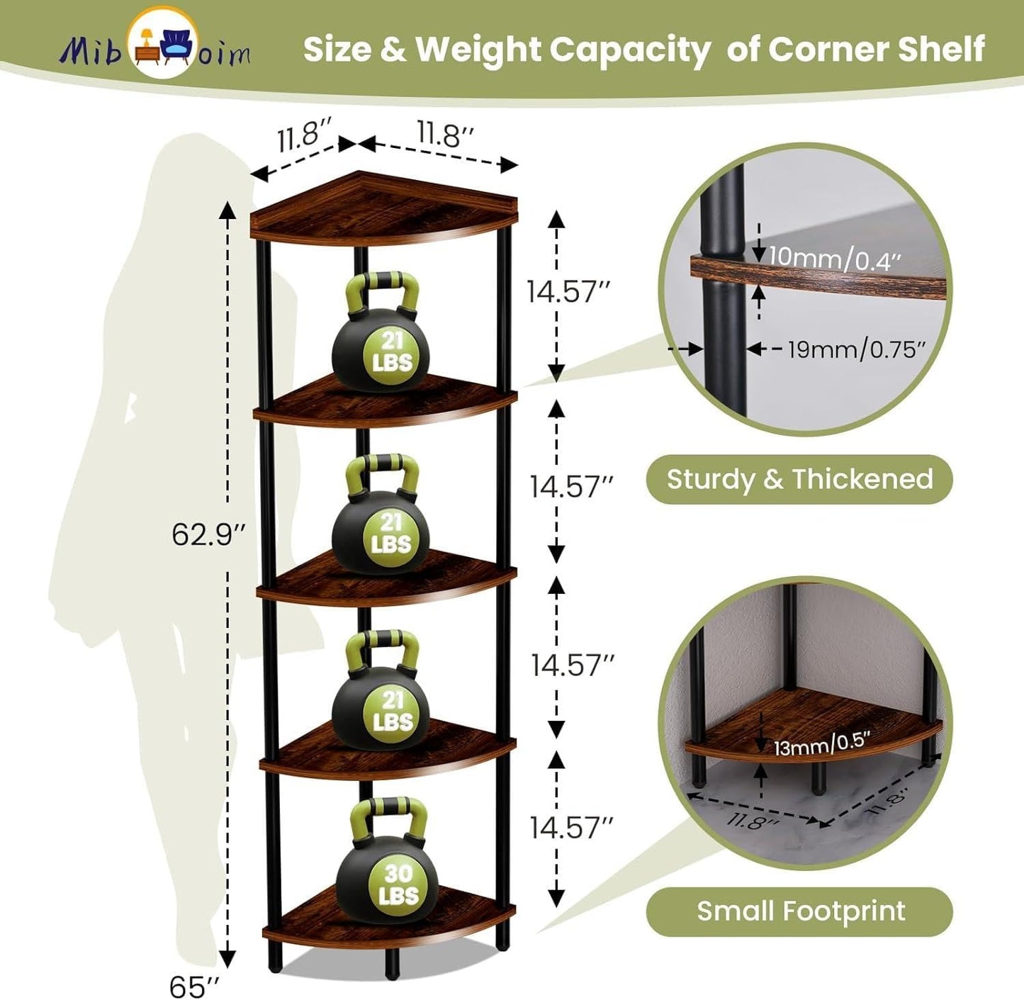 5Tier Wood Corner Shelf Stand:Tall Corner Bookshelf Storage Organizer for Living Room/Bedroom/Bathroom/Kitchen/Home Office,Display Corner Shelves for Small Space,Rustic Brown Esquineros de Sala