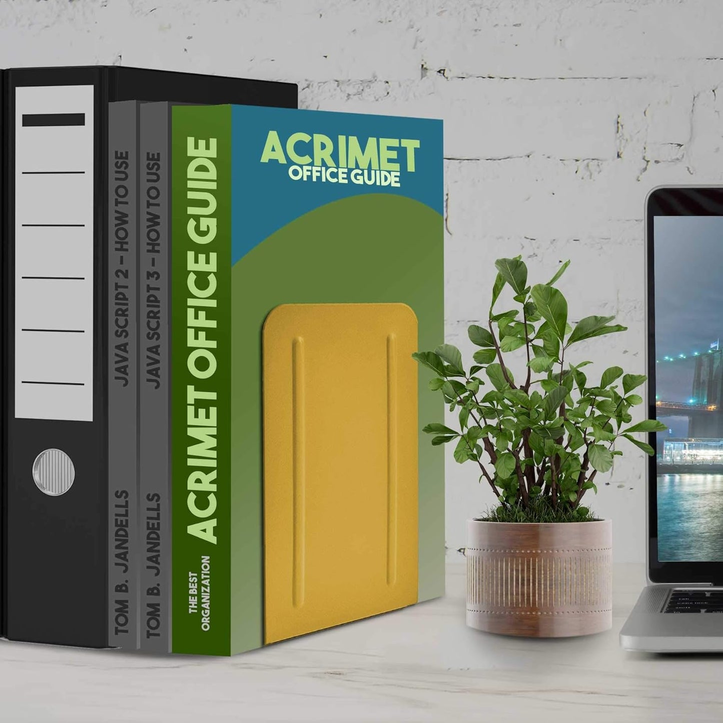 Acrimet Steel Metal Bookends for Shelves, Heavy Duty, for Large Books, 6 7/8" Tall X 4" Wide X 4 1/2" Deep, Yellow Colored, 1 Pair