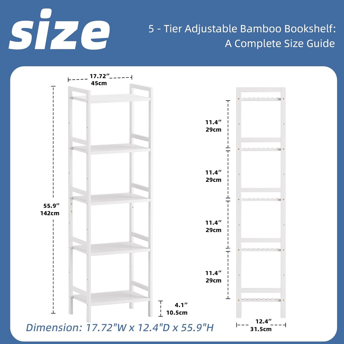 HITNET 5 Tier Bamboo Shelf, Tall Narrow Bookcase, Freestanding Bathroom Storage Unit with Adjustable Shelves, Modern Display Standing Bookshelf for Living Room, Bedroom, Home Office, White