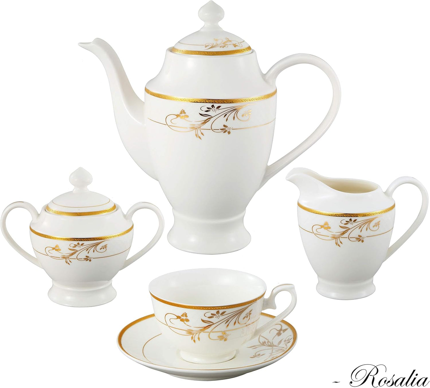Lorren Home Trends La Luna Bone China 57-Piece 24K Gold Floral Design Dinnerware Set, Service for 8