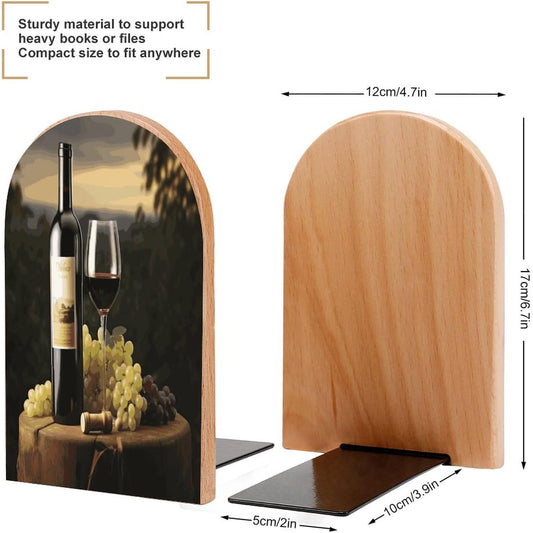 Red Wine Wooden Bookend Non-Slip Book Ends Heavy Duty Book Stopper with Metal Base Books Holderd Decorative Bookends Stands Firmly for Office Supplies