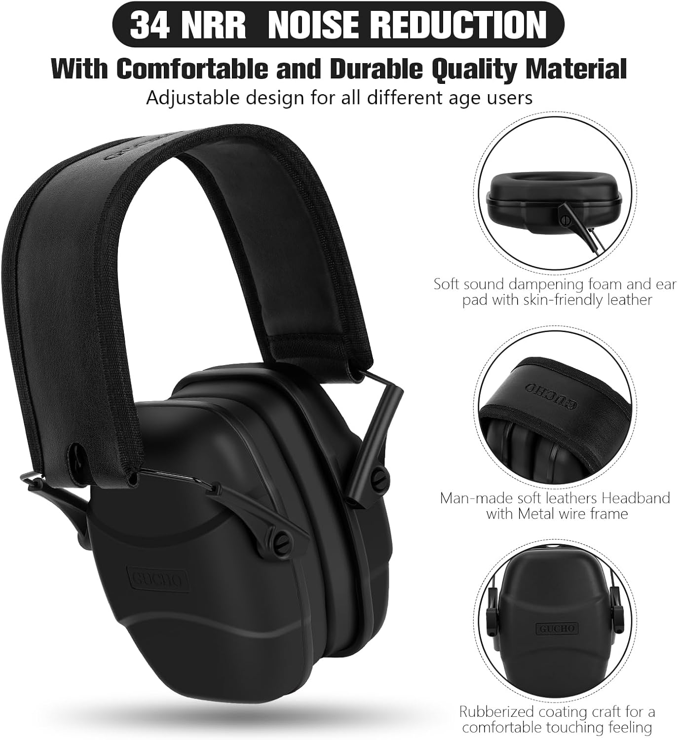 GUCHO 34 dB NRR Noise Reduction Safety Shooting Ear Muffs,Hearing Protection Ear Muffs,Shooting Range Ear Protection for Hunting Mowing