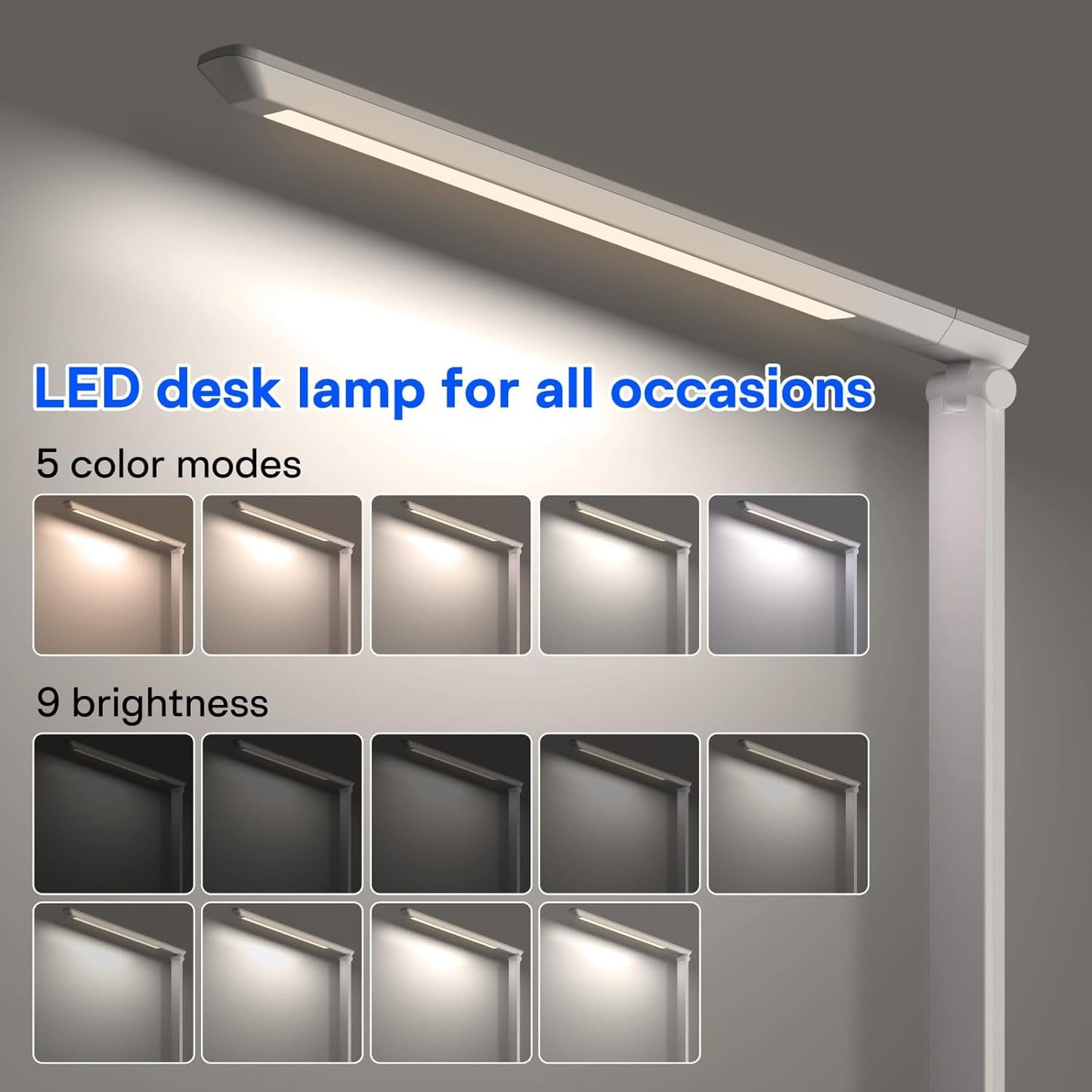 UK Plug Adapter Desk Lamp for 9 Level Brightness Touch Control & 5 Lighting Modes, 14W 900LM Dimmable Eye-Caring Reading LED Desk Light with USB Charging Port, Dimmable Home Office Desk Light