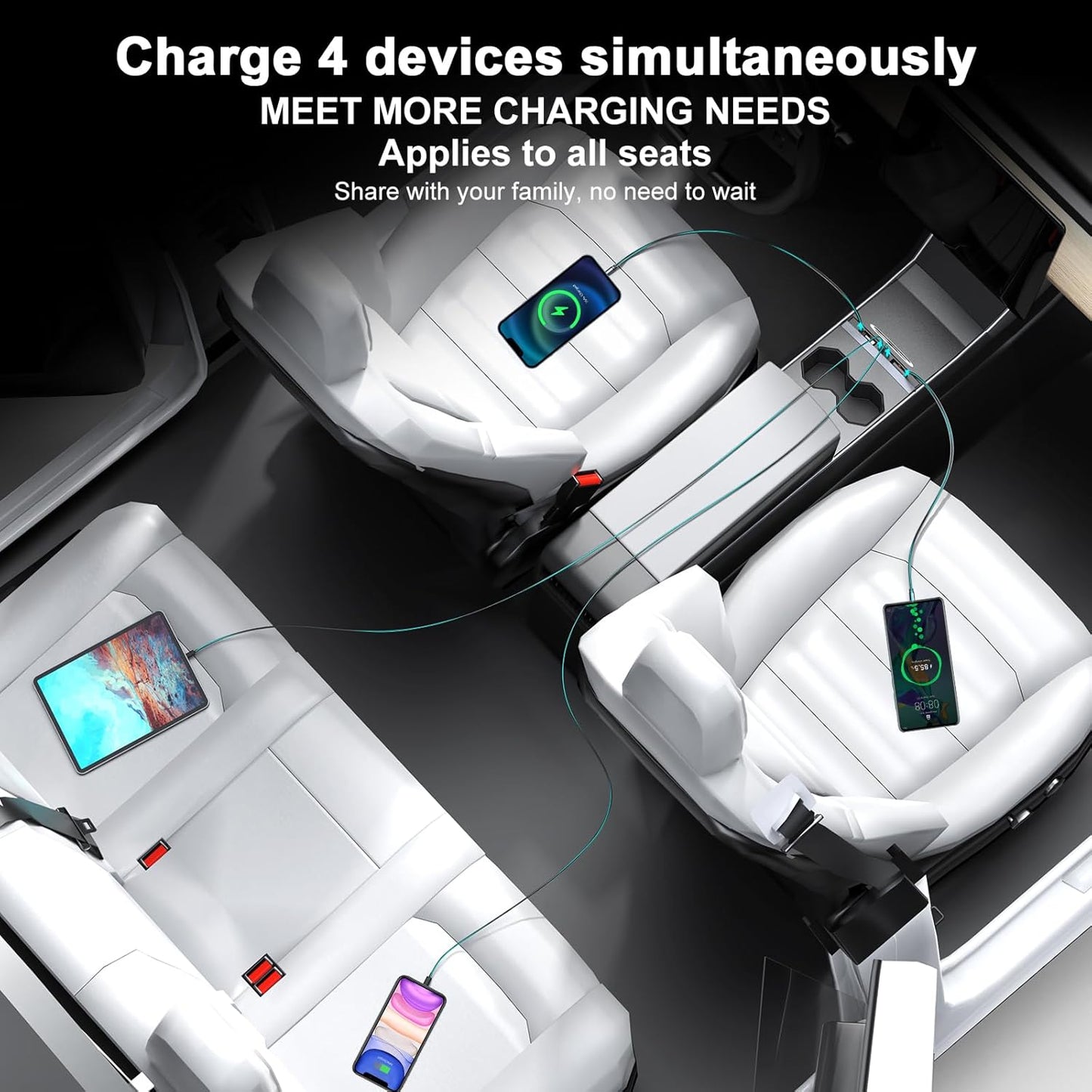 Upgrade Tesla USB Hub for Tesla Model 3&Y Waterproof - 4Ports Fast Chargr for Model Y/3 Accessories 2023 2022 2021 Retractable Docking Station, 2 Type-C Fast Charging Cables (Not Fit Model 3 2024)