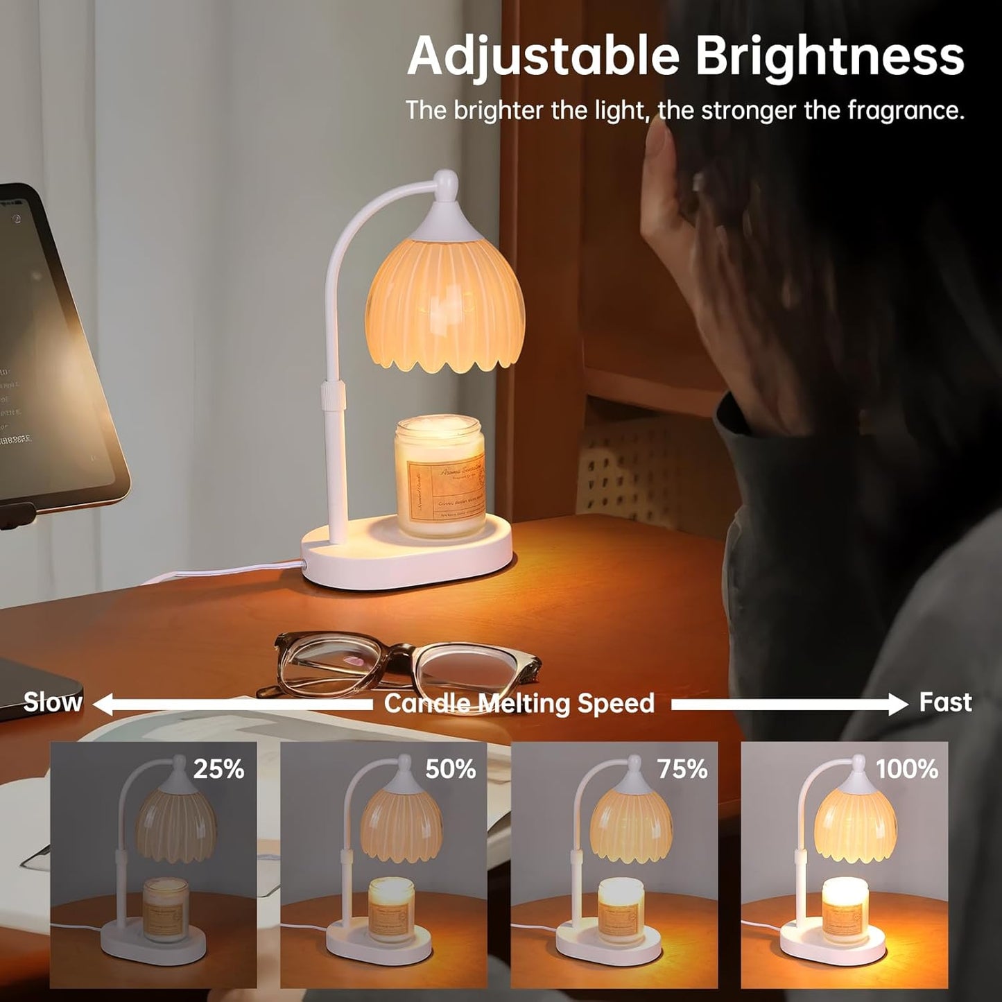 Creamy Yellow Tulip Wax Melt Warmer with Timer, Dimmable & Height Adjustable, Ideal for Jar Candles, Perfect Home Decor for Bedroom, Living Room, Office, Great Gifts for Women (2 Bulbs Included)