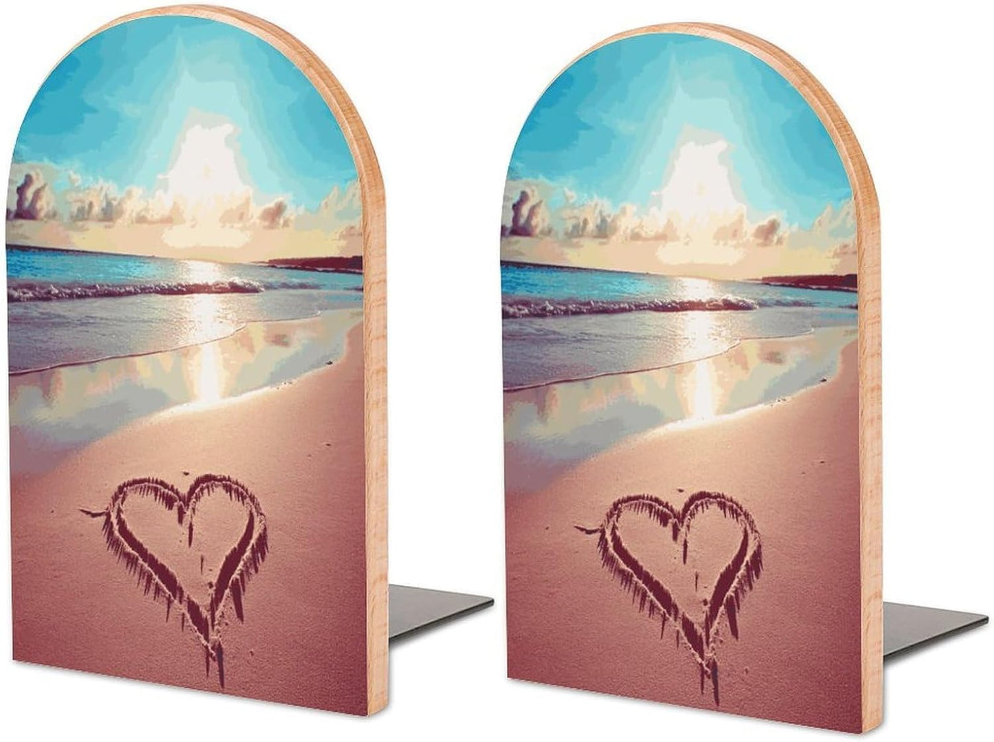 Love Beach Bookend for Shelves Wooden Book End Large Size Sturdy Book Holders Stoppers with Metal Base for Bookshelves Slick Decorative Bookends Stands