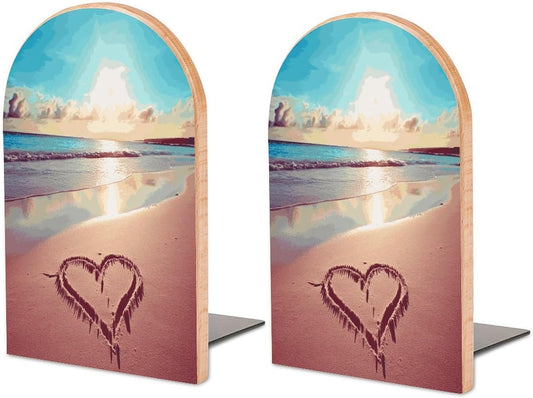 Love Beach Bookend for Shelves Wooden Book End Large Size Sturdy Book Holders Stoppers with Metal Base for Bookshelves Slick Decorative Bookends Stands