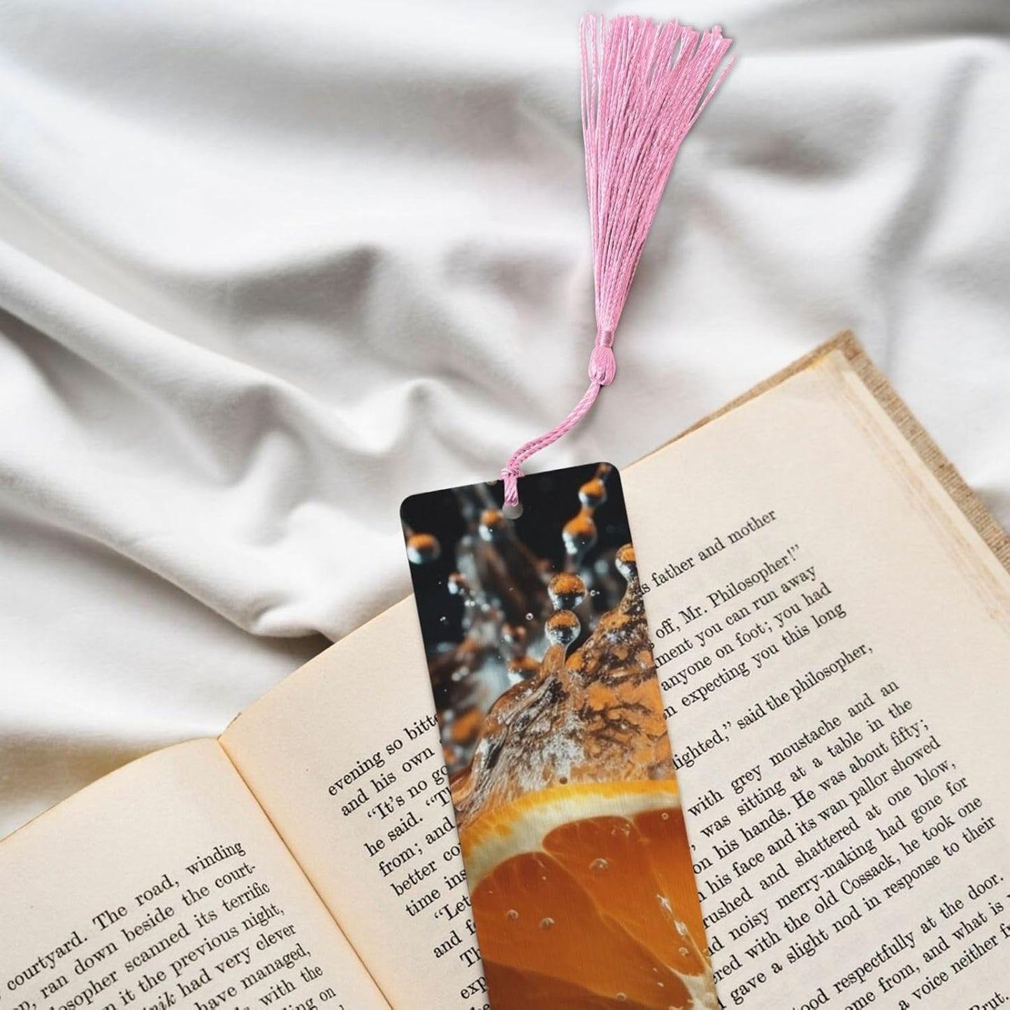 Orange Slices Scattered in Water Bookmarks Gifts for Women Men, Wooden Bookmarks for Book Lovers, Vintage Book Marks Ornaments with Tassel, Unique Personalized Reading Page Markers Pink