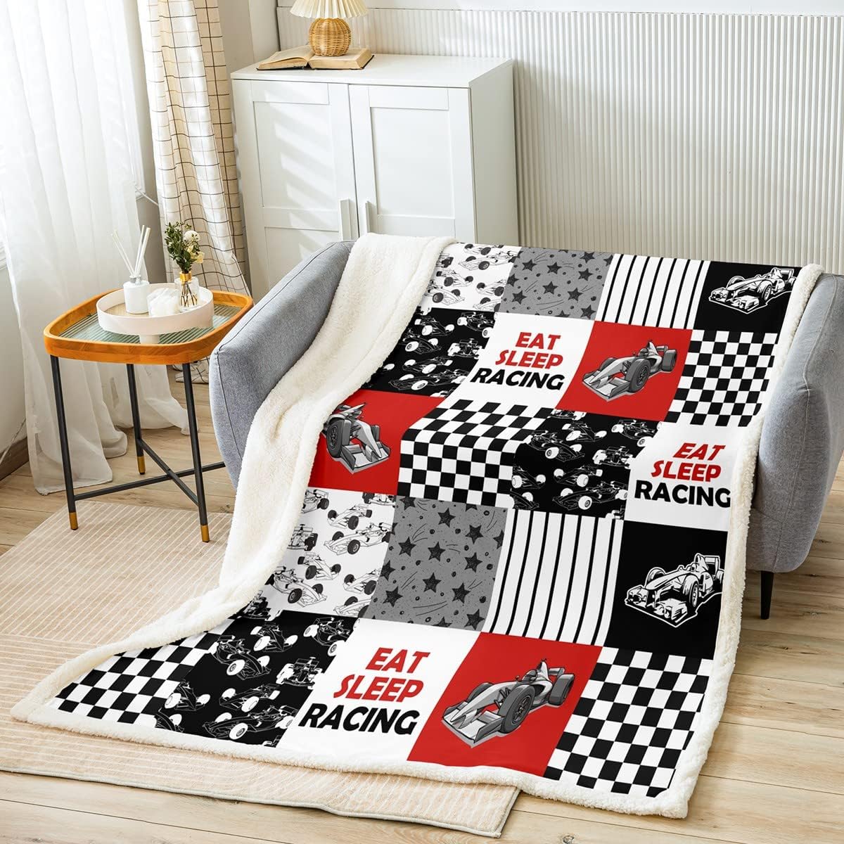 Race Car Fuzzy Blanket Racing Vehicle Speed Games Throw Blanket Extreme Sports Fleece Blanket for Boys Men Racer, Racing Checkered Patchwork Theme Flannel Blanket Baby Size, Red Black White