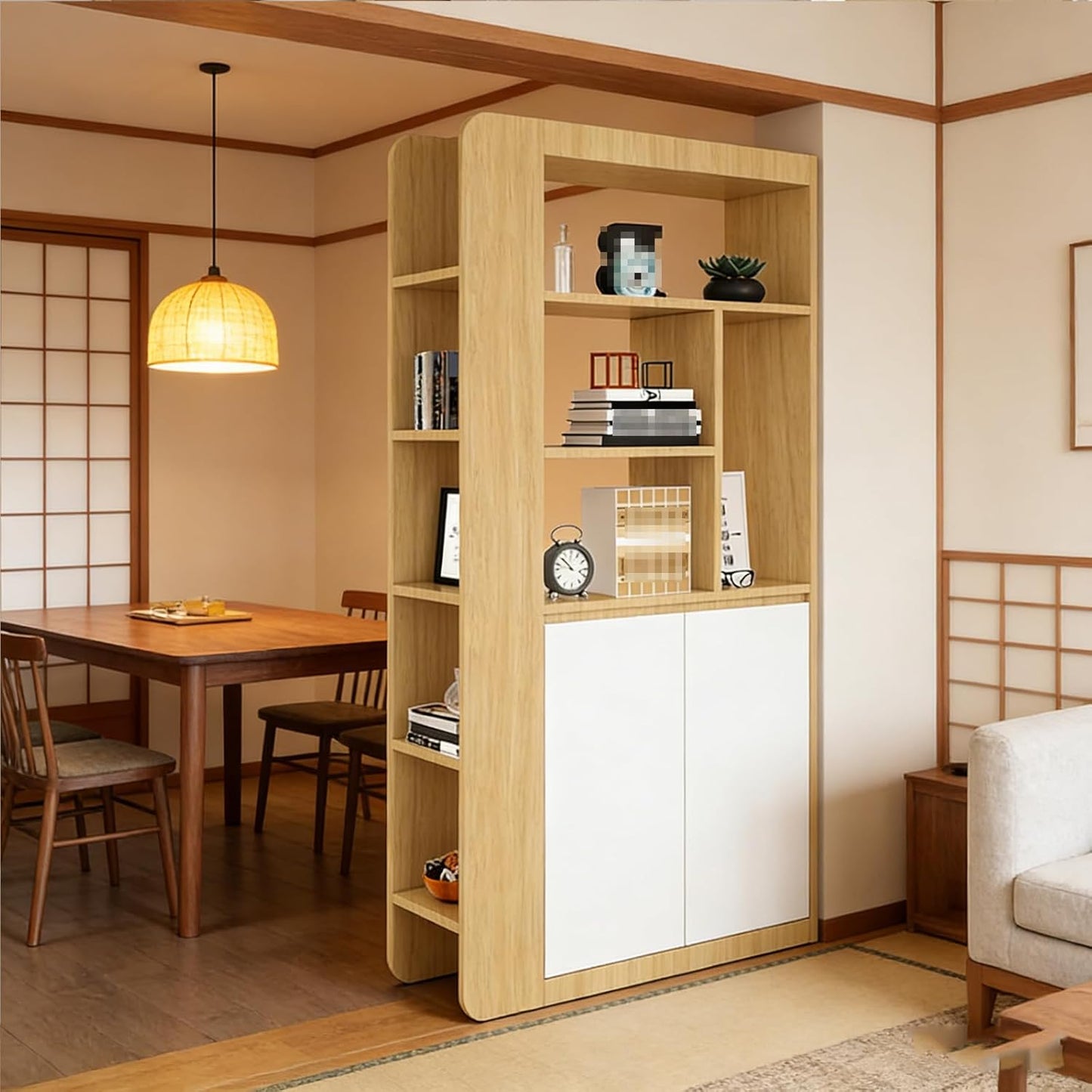 Wooden Entryway Cabinet with Hidden Shoe Storage, Freestanding Room Divider, Narrow Display Bookshelf, Open Shelving Unit for Entryway/Living Room/Bedroom/Office(39.4*13.8*74.8in, I-left)