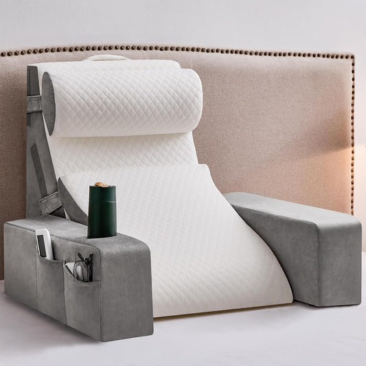 Reading Pillow for Sitting in Bed Adult, Back Pillow for Bed Sitting up with Arms, Pockets and Cup holder, Sit Up Backrest Pillows for Beds Chair Support, Rest Pillow for Gaming (Light gray, 5PCS)