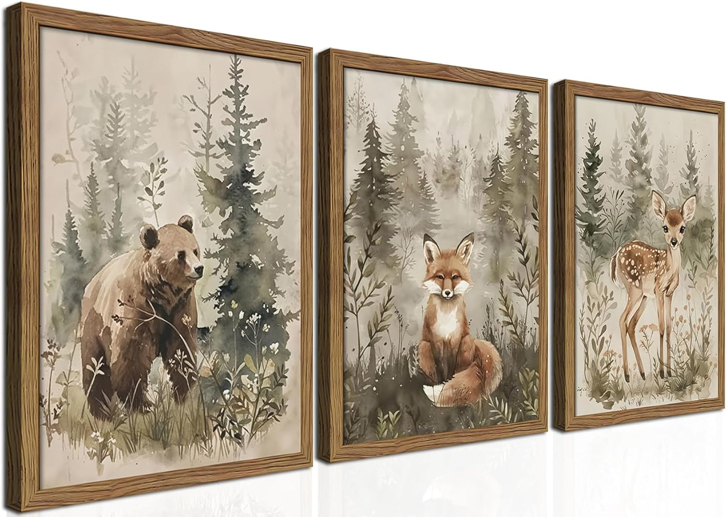 Framed Woodland Wall Art Nursery Decor Set of 3, Cute Wild Animals Bear Fox Deer Canvas Wall Art, Nature Watercolor Prints, Animal Pictures Wall Decor for Baby Room Kids Bedroom – 16x24 inch