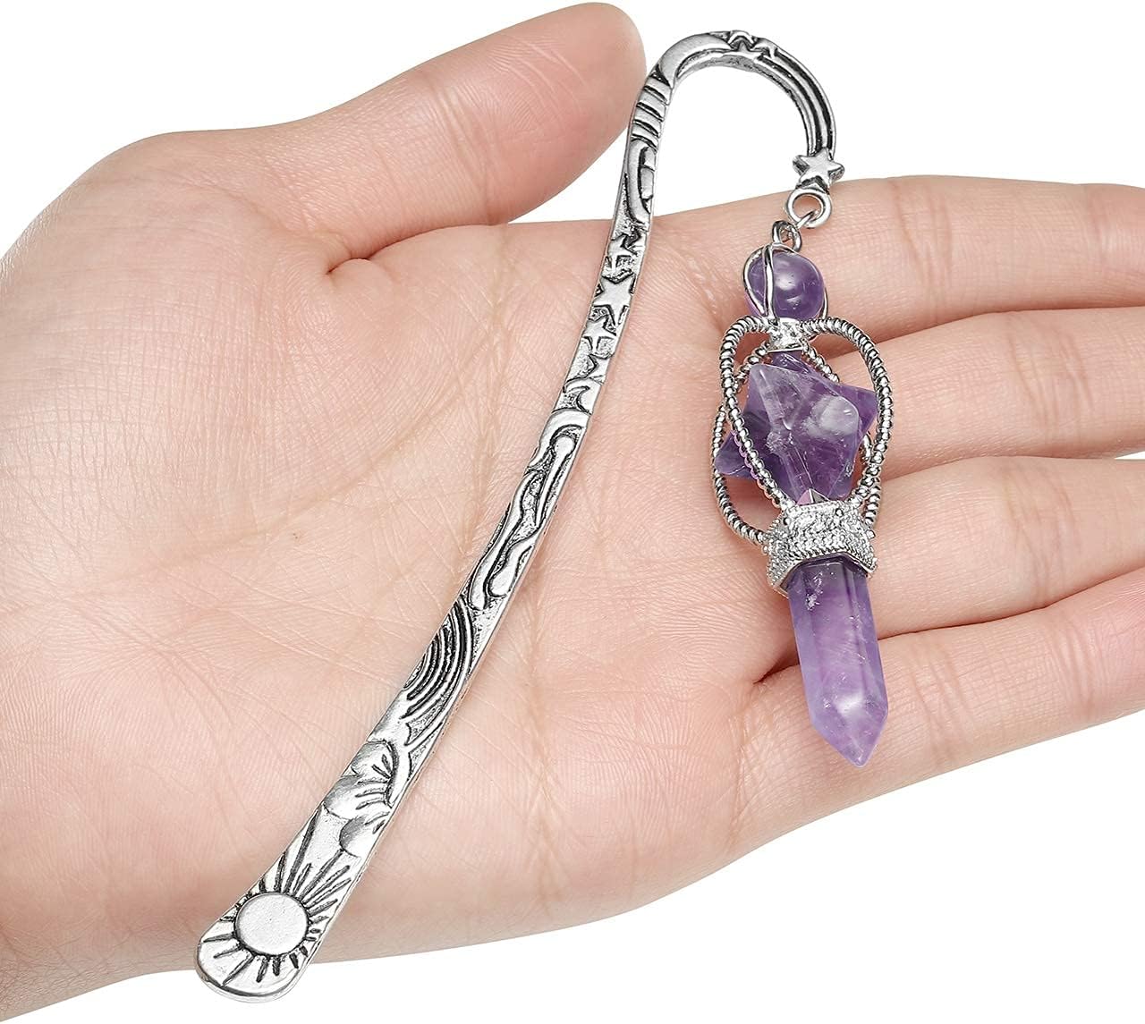 Jovivi Anqitue Silver Metal Bookmark Beading Bookmarks with Amethsyt Crystal Quartz Merkaba Hexagonal Pointed Bead