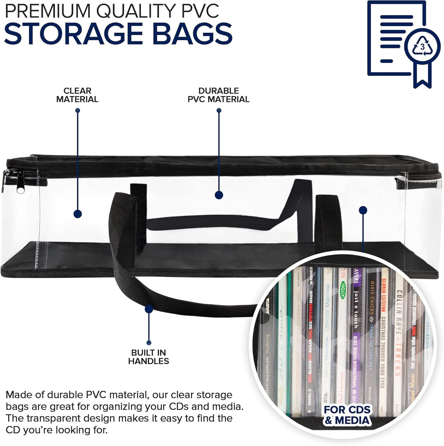 Stock Your Home CD Storage Bags (2 Pack) - Transparent PVC Media Storage - Water Resistant Holder Case With Handles - Clear Plastic Carrying Game Bag for Albums, Video Games, Books