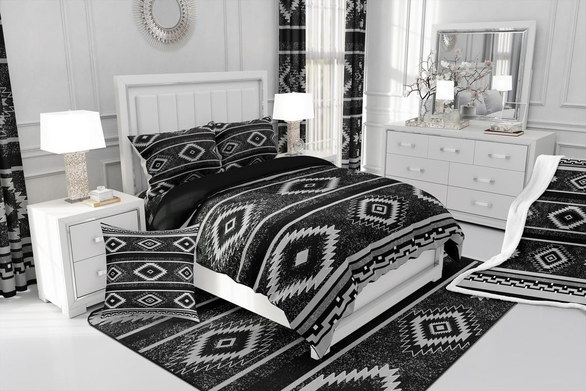 Feelyou Southwest Native American Design Sherpa Blanket Plush Fuzzy Southwestern Geometric Fleece Throw Blanket Throw 50"x60" Black Gray Boho Women Men Tribal Room Decor Soft