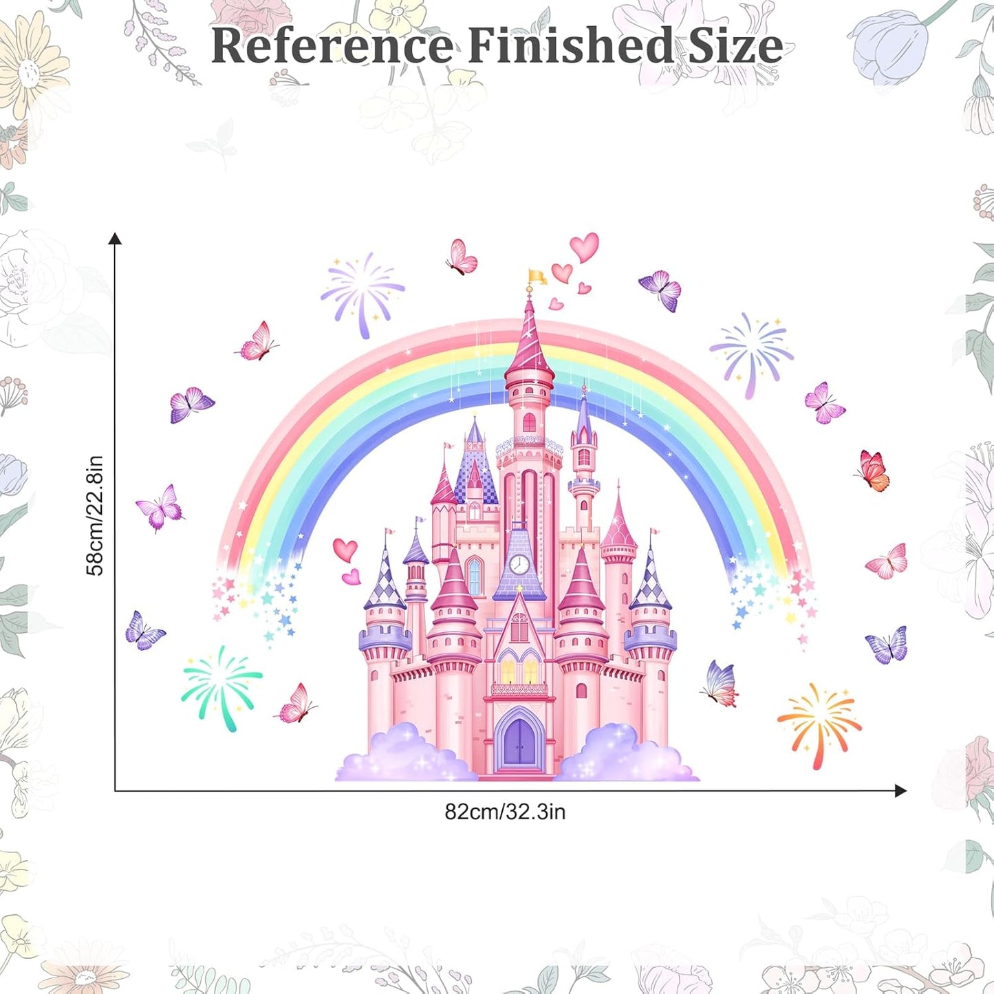 Rainbow Castle Wall Stickers, Watercolor Fireworks Butterflies Wall Decals Peel and Stick Wall Decal Self Adhesive Home Decor for Girls Nursery Kids Room