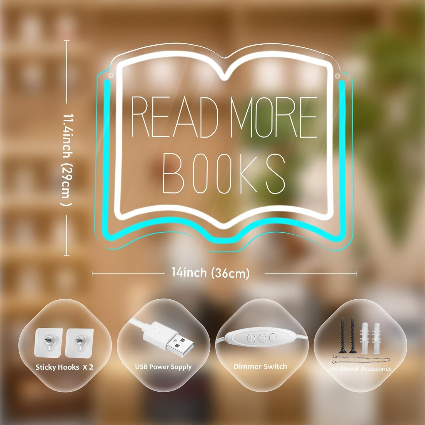 Read More Books Neon Sign, Dimmable LED Reading Neon Light USB Powered for Library Classroom Bookstore Decor, Reading Room Wall Sign for Study Room Bookshelf, Book Lover Gift (Ice Blue)
