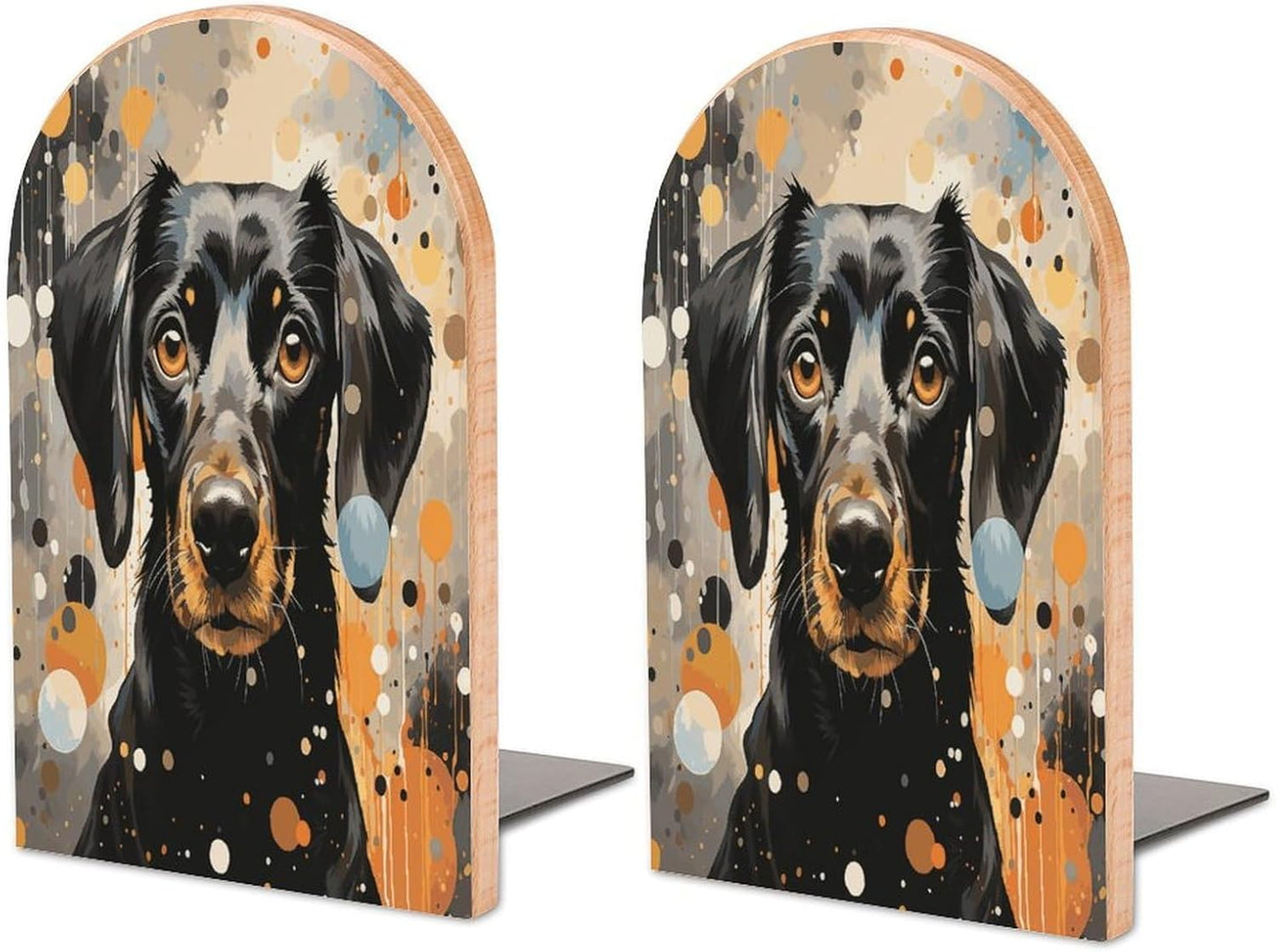 Colorful Polka Dots and Dog Bookend for Shelves Wooden Book End Large Size Sturdy Book Holders Stoppers with Metal Base for Bookshelves Slick Decorative Bookends Stands