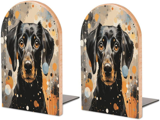 Colorful Polka Dots and Dog Bookend for Shelves Wooden Book End Large Size Sturdy Book Holders Stoppers with Metal Base for Bookshelves Slick Decorative Bookends Stands