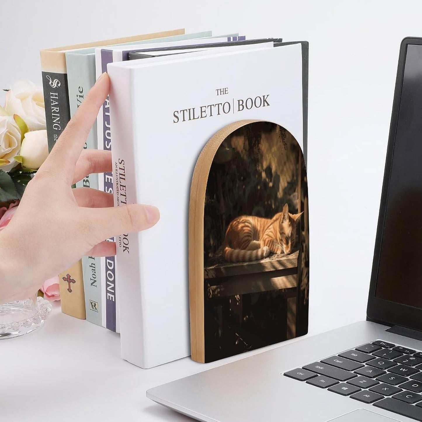 Orange Cat Sleeping Bookend for Shelves Wooden Book End Large Size Sturdy Book Holders Stoppers with Metal Base for Bookshelves Slick Decorative Bookends Stands
