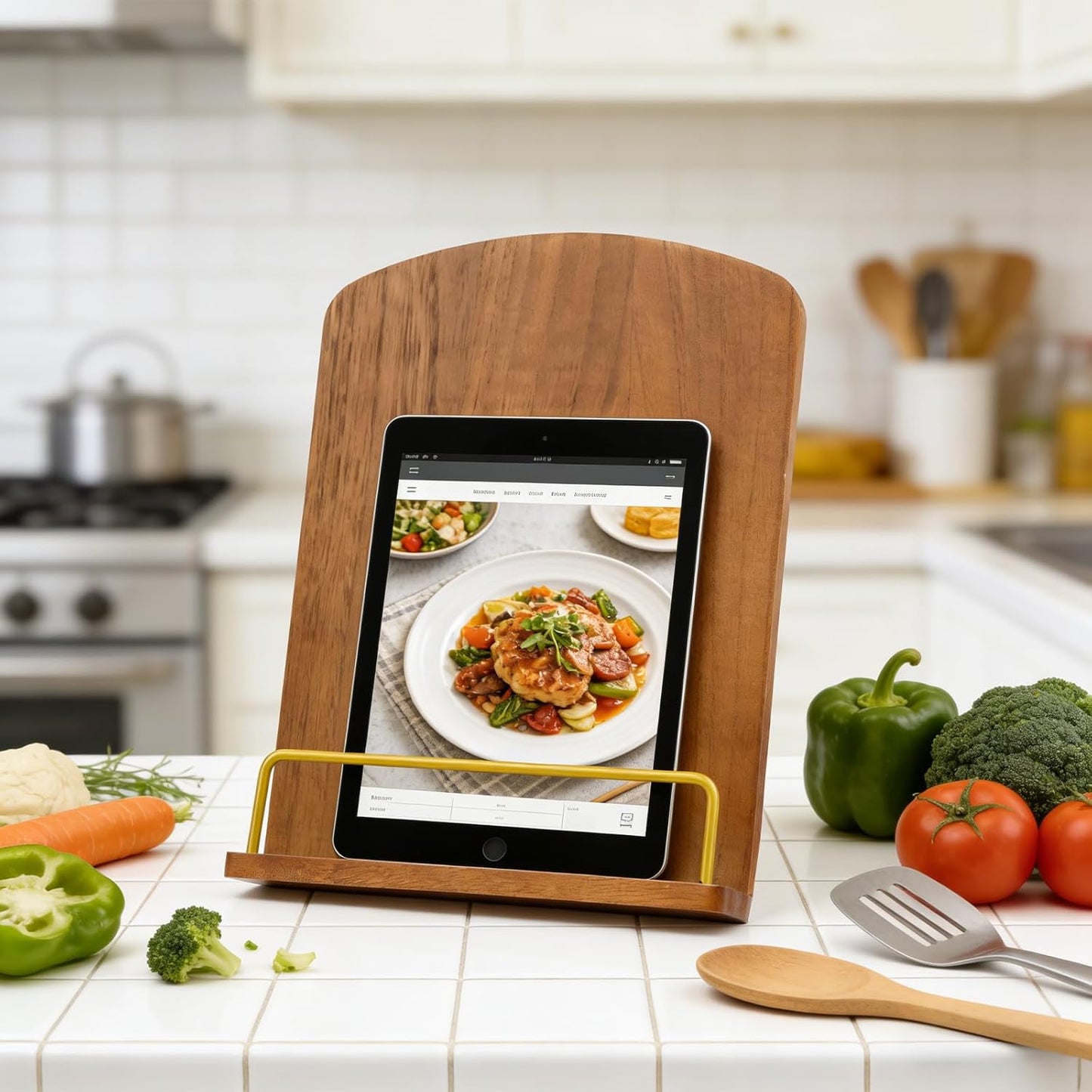 Cookbook Stand for Kitchen Counter, Adjustable Wooden Foldable Recipe Book Holder for Hands-Free Cooking, Fits Books & Tablets