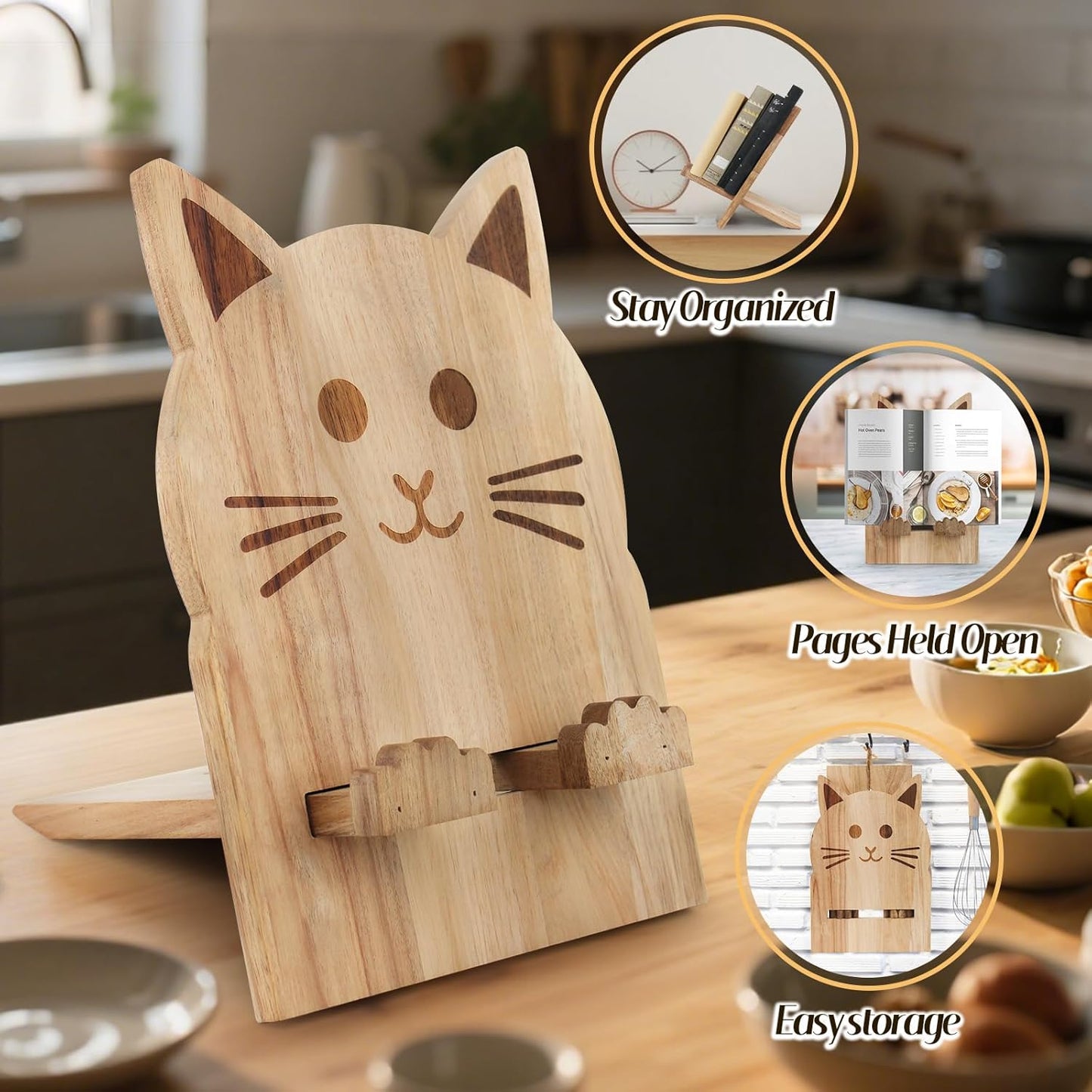 Cat Shaped Wooden Cookbook Stand - Adjustable, Hands-Free Recipe Holder for Kitchen with iPad & Music Rest