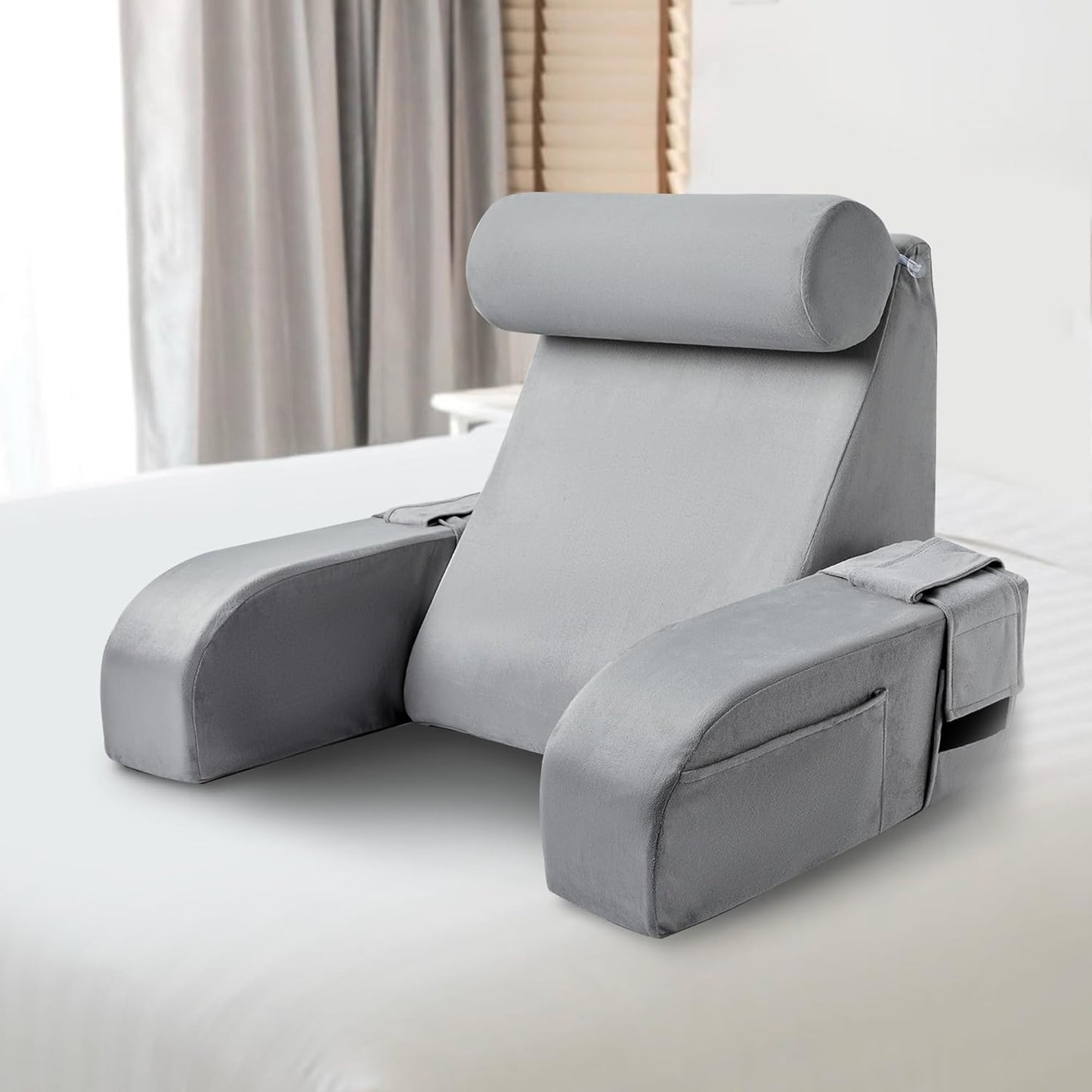 Reading Pillow for Sitting in Bed Adult Multi-Function Grey Back Pillow Bed Chair with Arm Rest Big Pockets, Backrest Support Pillow for Gaming/Resting/TV/Bedrest/Couch/Floor