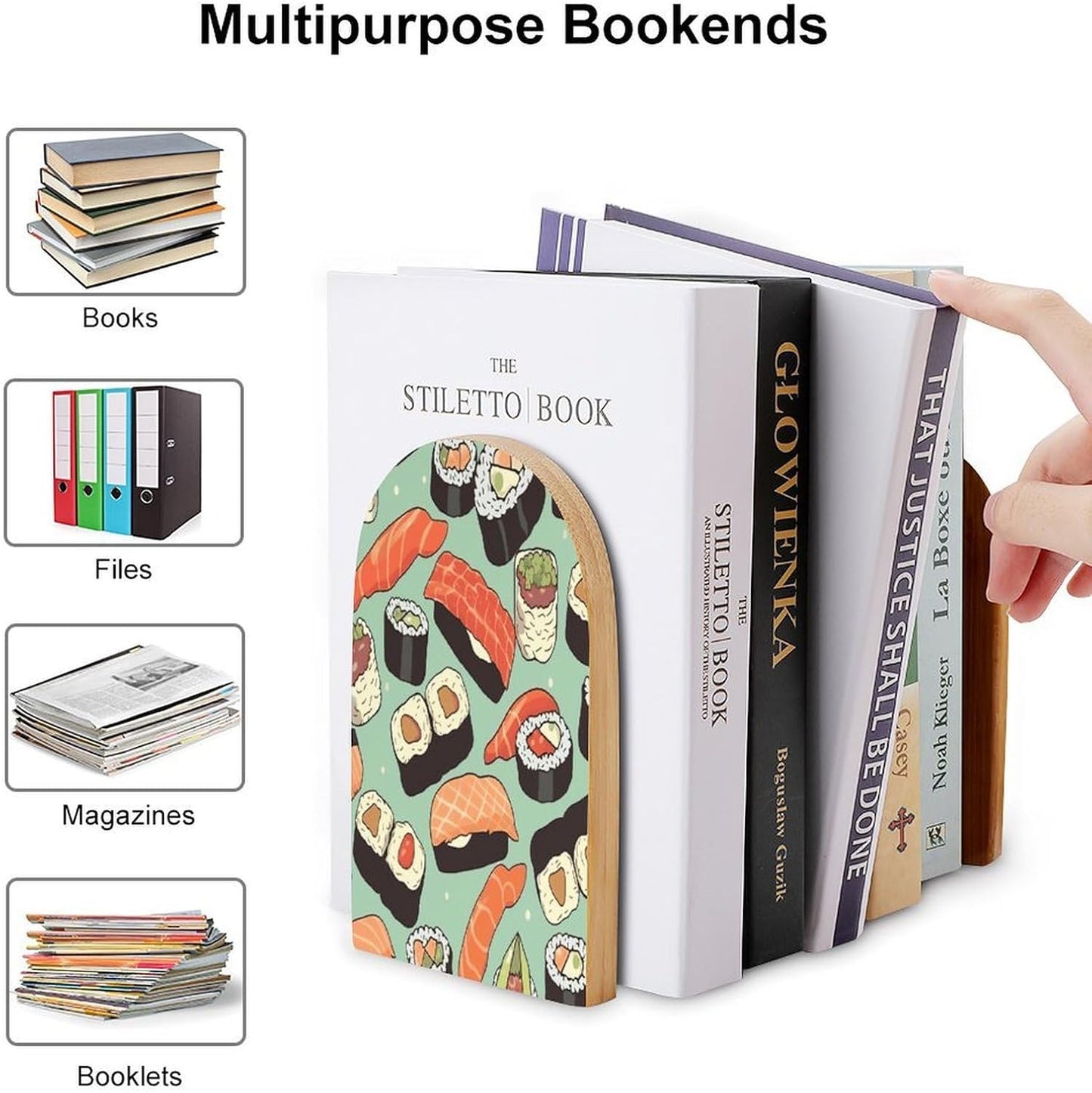 Non-Slip Bookend for Shelves Sushi Food Pattern Wooden Bookends with Metal Base Decorative Book Stopper for Home Heavy Duty Wood Book Storage for Books/CDs